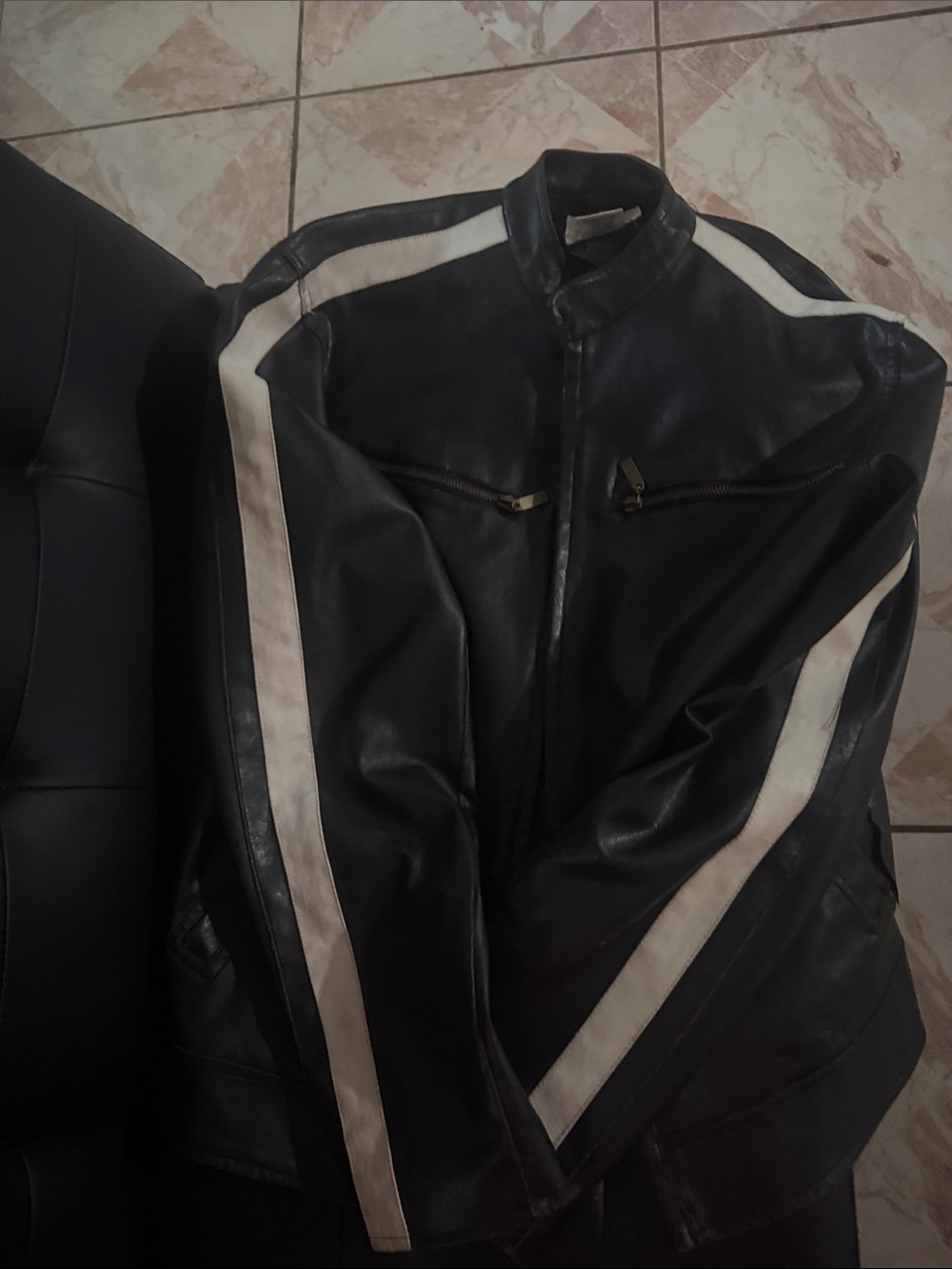 Men's Black Leather Bomber Jacket with White Racing Stripes